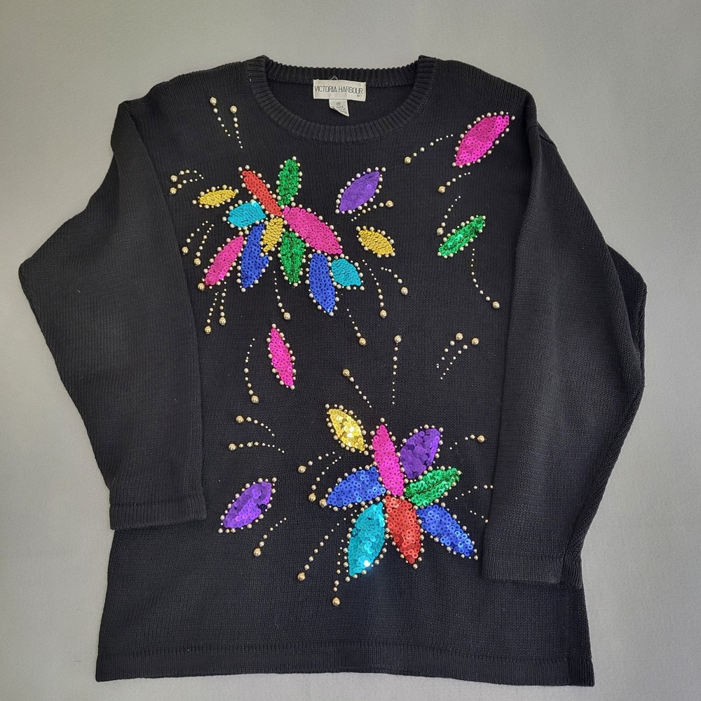 VTG Embellished Sweater Sequins Beaded Retro Victoria Harbour Women's M Colorful